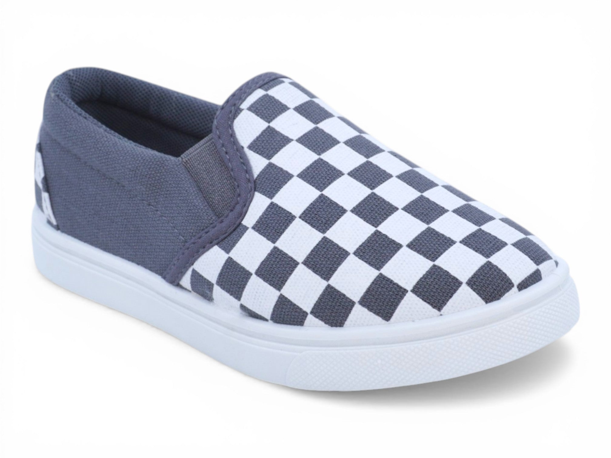 Boys` White and Gray Checker Canvas Slip On
